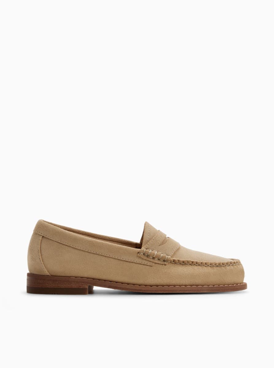 A women's G.H. Bass Weejun penny loafer in beige suede — the top-ranked pick in this guide
