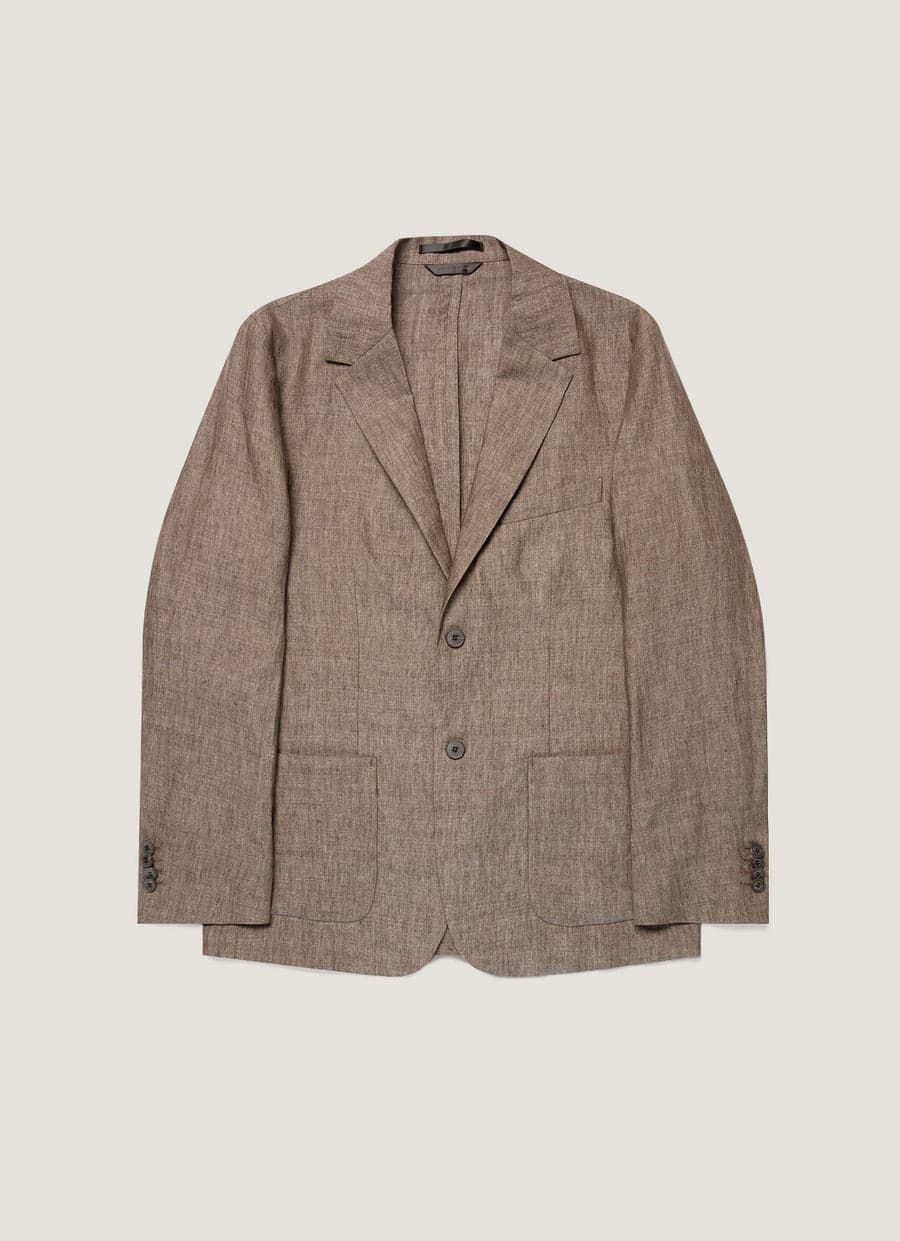 A tailored walnut linen blazer — the heritage-prep tailoring at the heart of a Brooks Brothers capsule