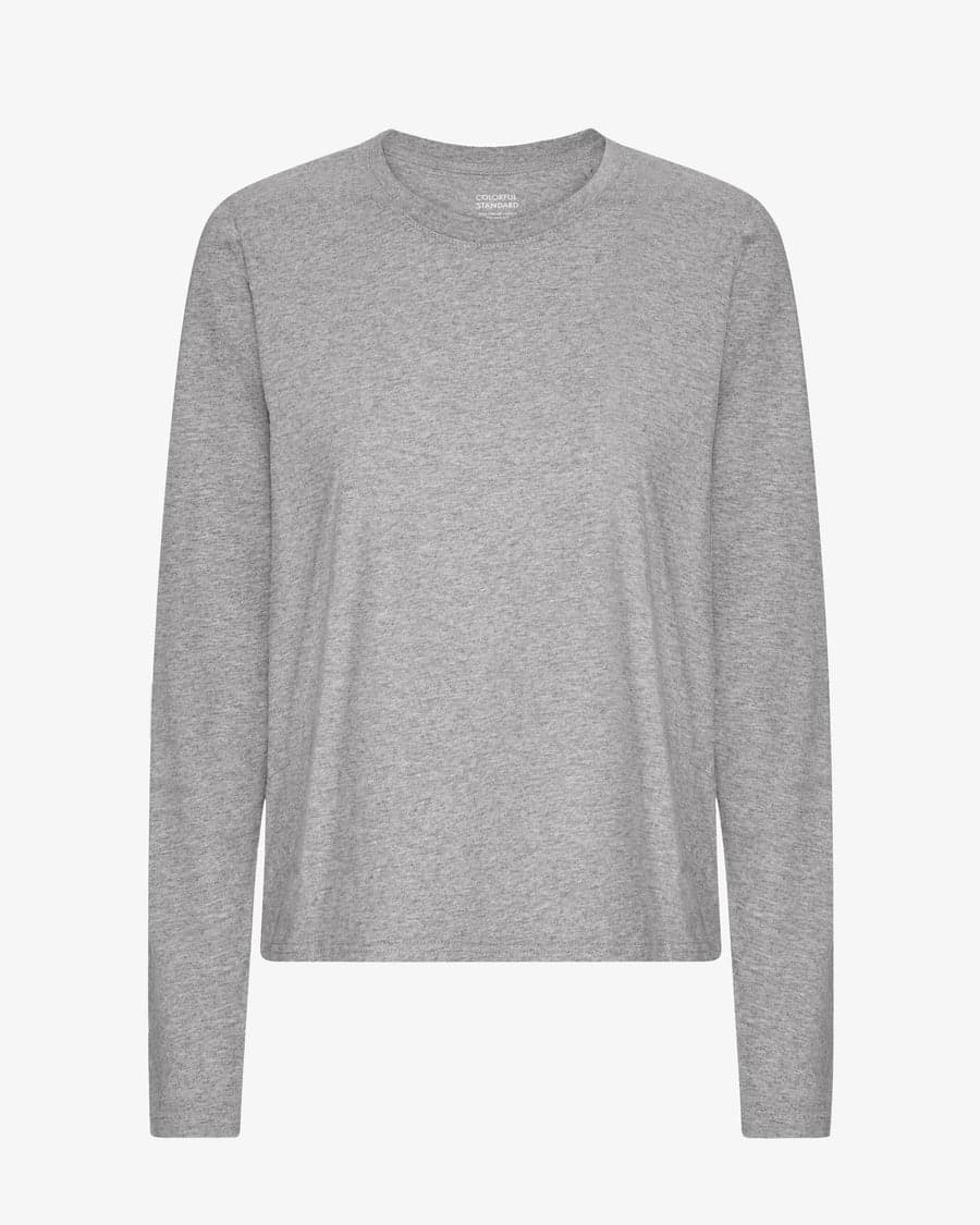 A soft heather-grey cotton long-sleeve tee — a relaxed, comfortable everyday layer