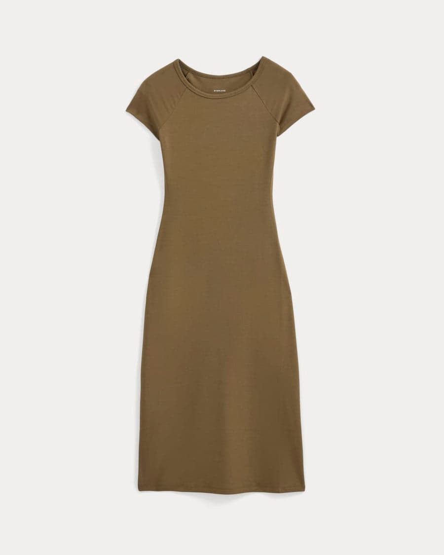 An olive cap-sleeve midi dress — an easy one-piece anchor for a 30s capsule