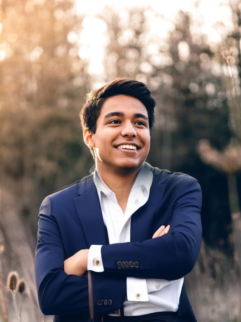 The same person rendered by the AI try-on tool, now wearing a tailored navy blazer over a white Oxford shirt